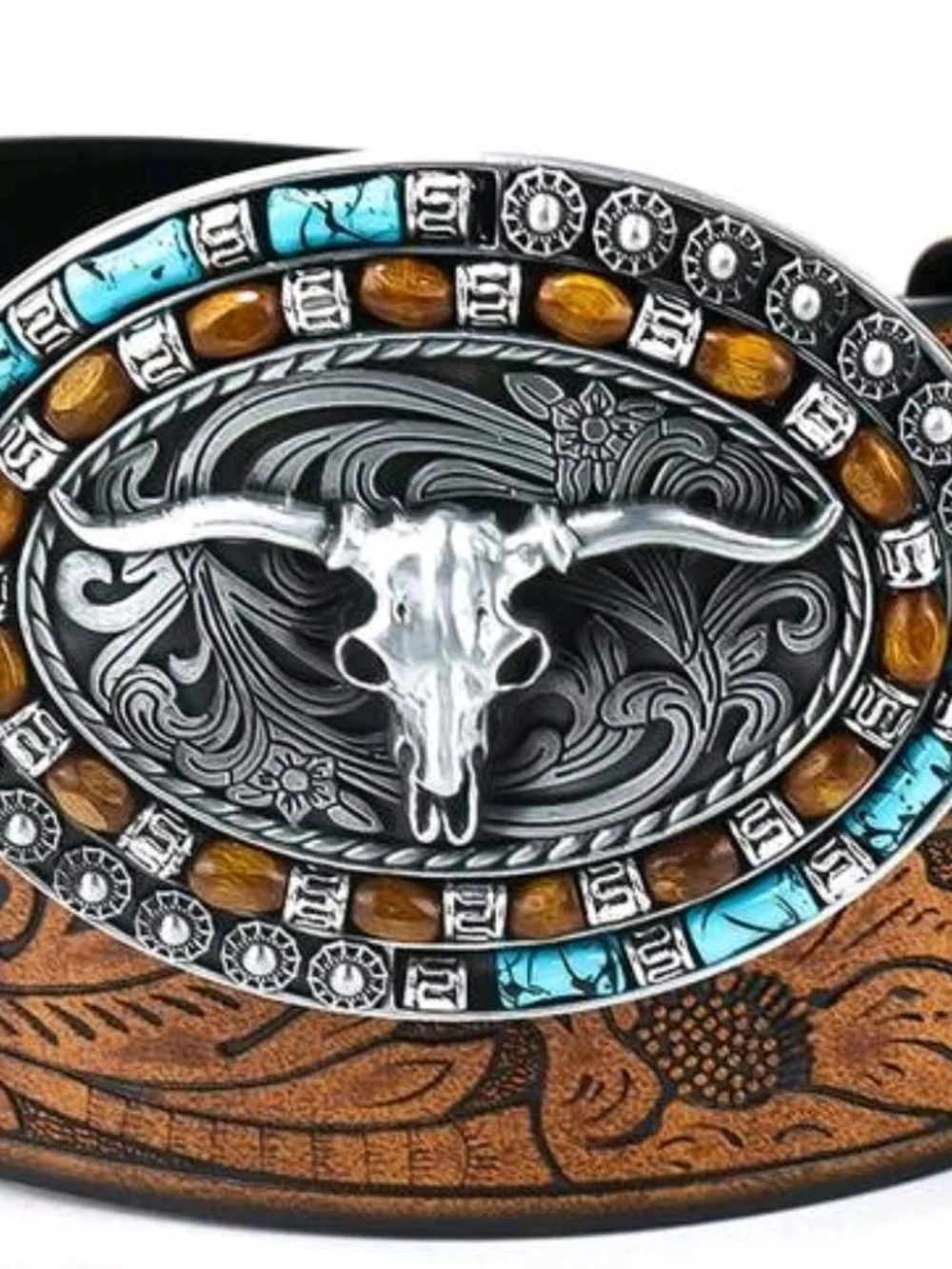 Western Tooled Brown Leather Belt with Turquoise Accent Buckle
